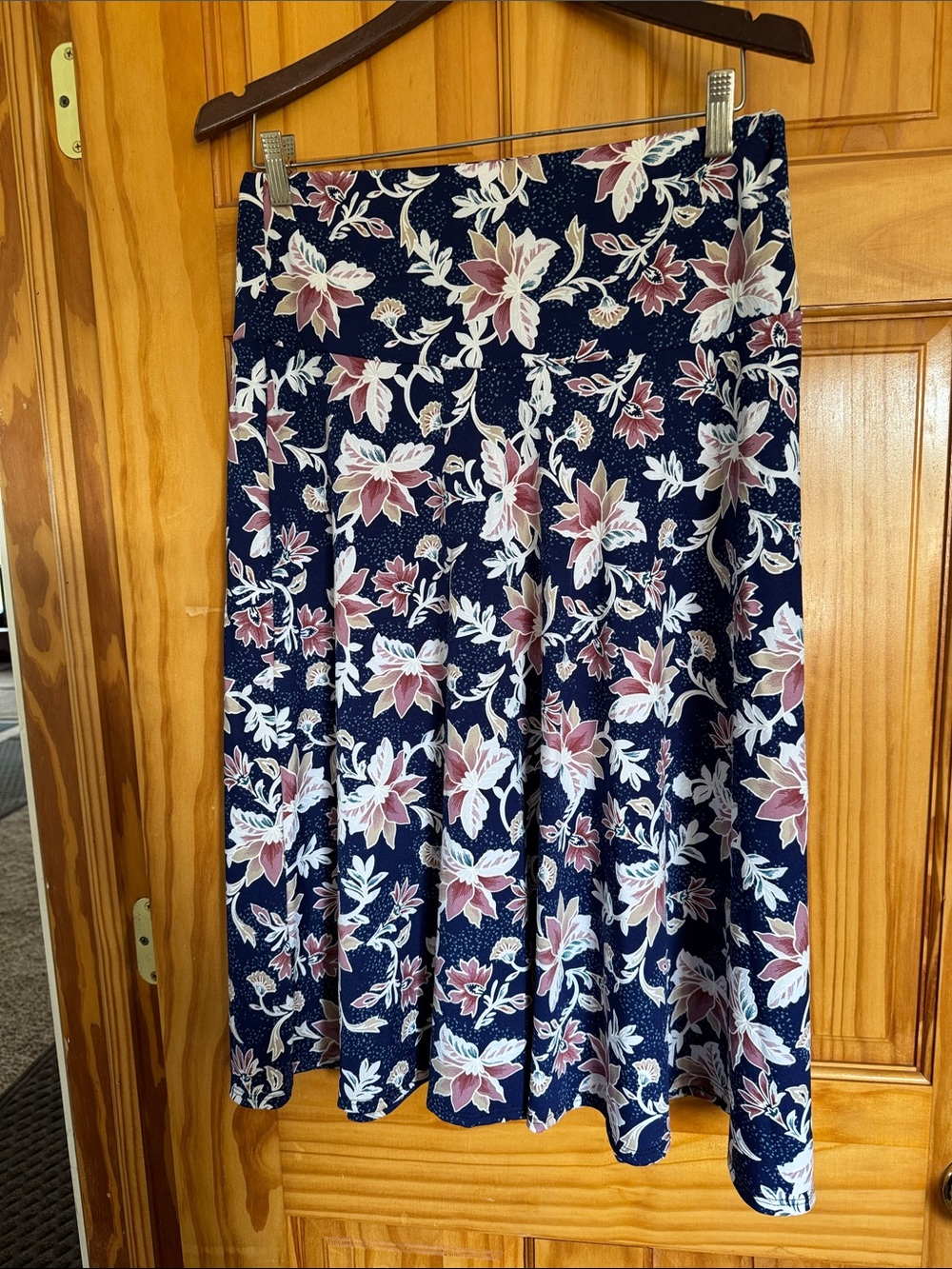Floral Navy A-Line Skirt with Pink and White Blossoms